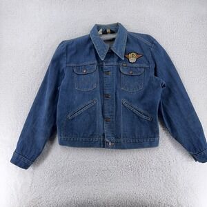 Vintage 80s Maverick Sanforized‎ Denim Jacket Mens 46 Motorcycle Patch Biker USA